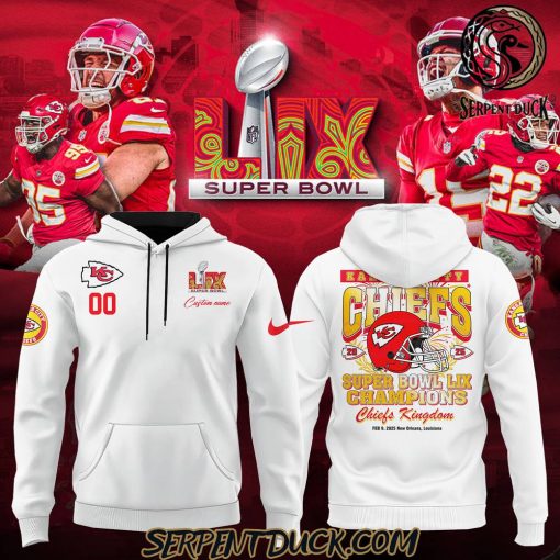 Kansas City Chiefs Super Bowl LIX Champions Custom Name White Hoodie